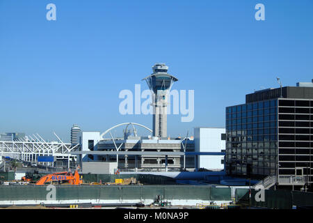Los Angeles Airport with Blois machinery, control tower building, various buildings & view of construction site LAX LA California USA    KATHY DEWITT Stock Photo