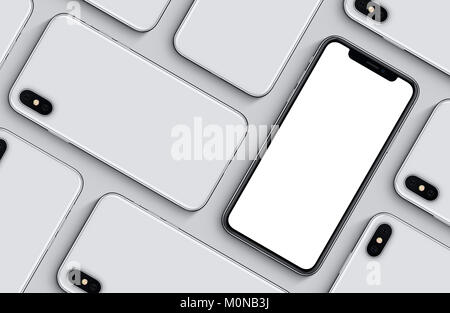 Similar to iPhone X smartphones mockup top view flat lay pattern. New frameless smartphone back side and front side mockup. Stock Photo