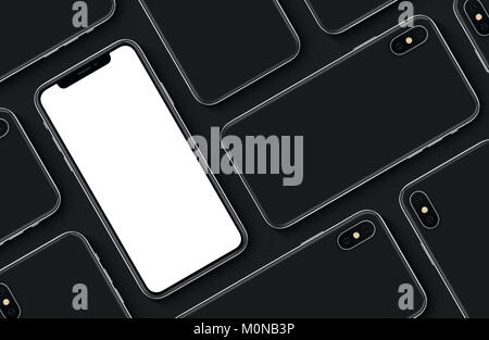 Similar to iPhone X smartphones pattern mockup top view flat lay. New frameless smartphone back side and front side mockup. Stock Photo