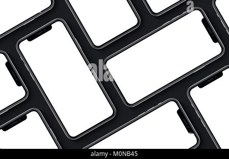 Similar to iPhone X smartphones mockup top view flat lay pattern. New frameless smartphone front side mockup. Stock Photo