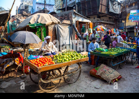 Varanasi, Uttar Pradesh, India, 22th of january 2017, local senior man selling tomatoe and fruits at a market Stock Photo