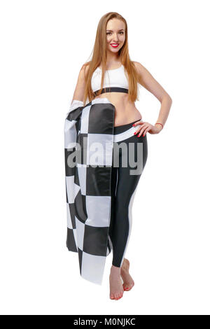 Woman is holding race checkerd flag.  Stock Photo