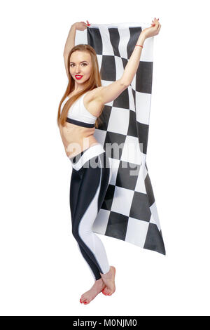 Woman is holding race checkerd flag.  Stock Photo