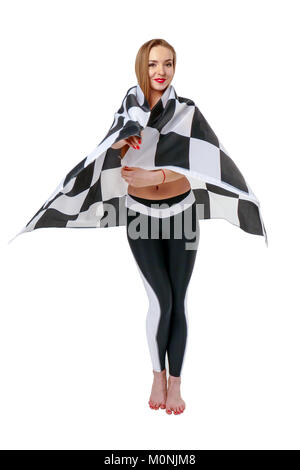 Woman is holding race checkerd flag.  Stock Photo