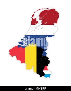 Map of BeNeLux countries with rivers and lakes in colors of the national flags. Map consists of separate maps of Belgium, Netherlands and Luxembourg t Stock Vector