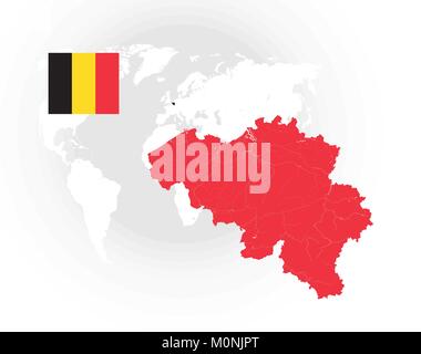 Map of Belgium with rivers and lakes, national flag of Belgium and world map as background. Please look at my other images of cartographic series - th Stock Vector