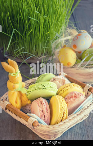 Easter arrangement of French macaroons , eggs, a toy rabbit and herbs. Stock Photo