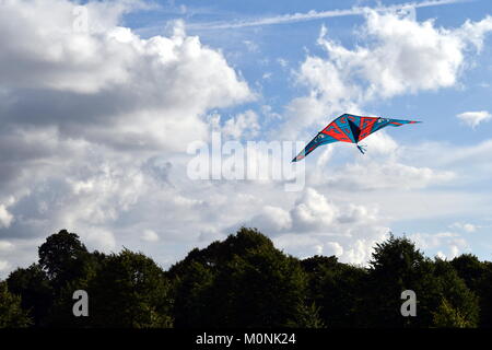 Kite flying in the park on cloudy blue clear sky Stock Photo