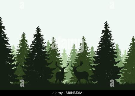 Vector illustration of a green deep forest with two deer Stock Vector