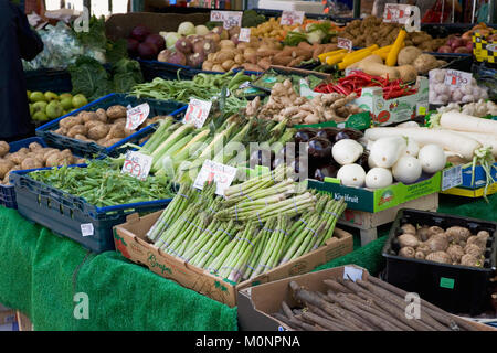 Variety of vegetables on a market stall, Little Shambles, York, England, UK Stock Photo