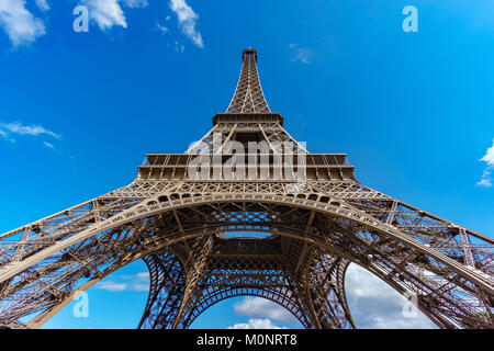 The Eiffel Tower bottom view over blue sky Stock Photo