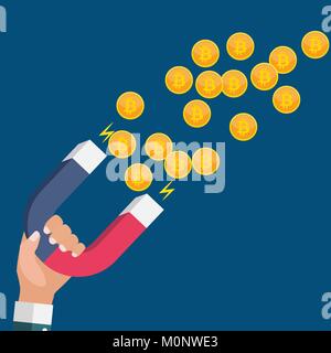 Business concept of hand hold magnet attract bitcoins.Vector Illustration Stock Vector