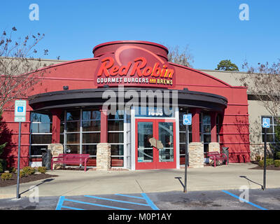 Front exterior entrance to Red Robin Gourmet Burgers and Brews a casual dining hamburger restaurant in Montgomery Alabama, United States. Stock Photo