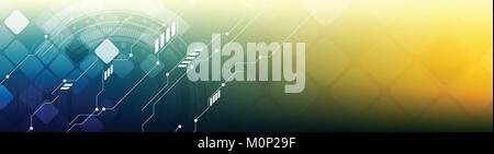 Abstract technology concept web banner. Vector header template with circuit board, gears and squares Stock Vector