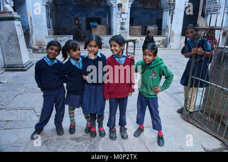 Schoolkids in blue, Bundi, Rajasthan, India Stock Photo