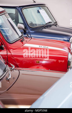 Row of old Austin mini cars. Stock Photo