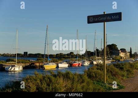 France,Herault,Marseillan,mouth of the Canal du Midi on the lagoon of Thau Stock Photo