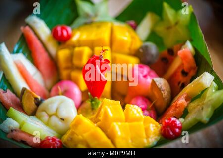 France,Caribbean,Lesser Antilles,Guadeloupe,Basse-Terre,Vieux Habitants,on the heights of the town,the Habitation Getz,old colonial house converted into a bed and breakfast with its houses in the trees,here the breakfast served at the hut of the Pirate Stock Photo