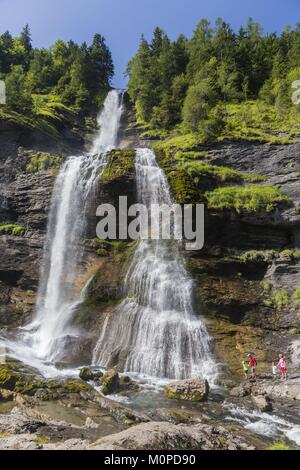 France,Haute Savoie,Giffre valley,Sixt Fer a Cheval,labelled Les Plus Beaux Villages de France (The Most Beautiful Villages of France),Cascade du Rouget waterfall Stock Photo