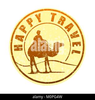 Happy travel - rubber stamp in sun tones with the silhouette of a camel in the desert, and the cameleer. Grunge style vector illustration. Stock Vector