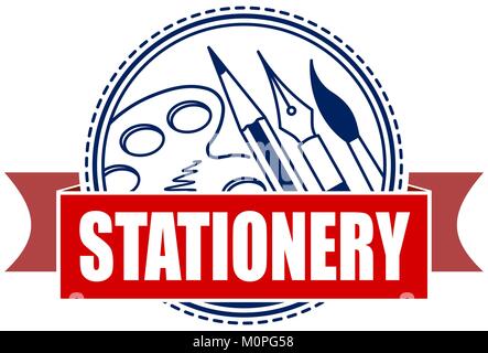 Stationery flat vector icon with banner, stylized image of pen, pencil, brush and palette. Stock Vector