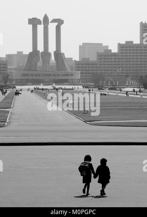North Korean children in front of the monument to Party founding, Pyongan Province, Pyongyang, North Korea Stock Photo