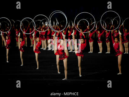 North Korean gymnasts performing with hoops at Arirang mass games in may day stadium, Pyongan Province, Pyongyang, North Korea Stock Photo