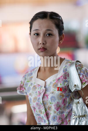 Portrait of a North Korean woman, Pyongan Province, Pyongyang, North Korea Stock Photo