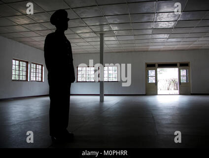 North Korean soldier in the building where the armistice was signed now housing the North Korea peace museum, North Hwanghae Province, Panmunjom, North Korea Stock Photo