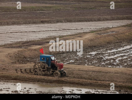 Old North Korean tractor in a field in the countryside, Pyongan Province, Pyongyang, North Korea Stock Photo