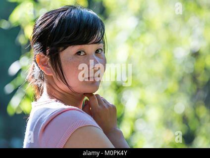 Portrait of a North Korean woman, Pyongan Province, Pyongyang, North Korea Stock Photo