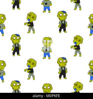Zombie cute cartoon kid seamless pattern. Funny green beings on white background. Stock Vector