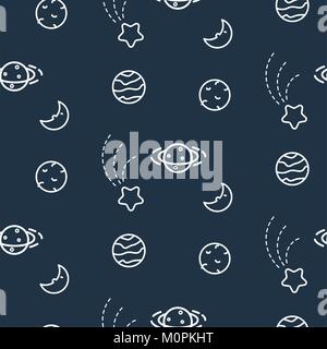 Doodlescosmos planets dark blue seamless vector pattern. Icon solar system galaxy texture. Stock Vector