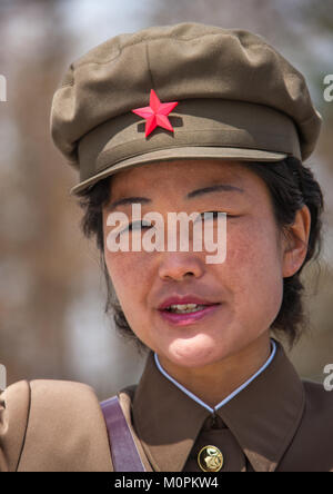 Portrait of a North Korean guide in military uniform, Ryanggang Province, Samjiyon, North Korea Stock Photo