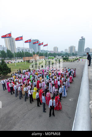 North Korean students before a mass dance performance on september 9 day of the foundation of the republic, Pyongan Province, Pyongyang, North Korea Stock Photo