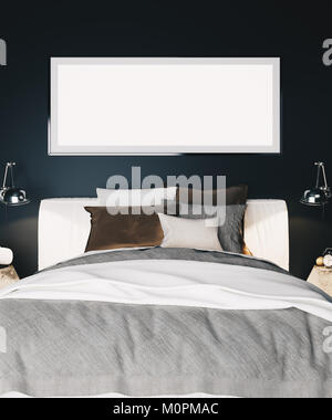 Interior of a modern luxury bedroom with black walls, bed and a framed horizontal poster. 3d rendering mock up Stock Photo