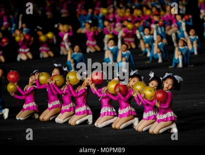 North Korean children performing with balloons during the Arirang mass games in may day stadium, Pyongan Province, Pyongyang, North Korea Stock Photo