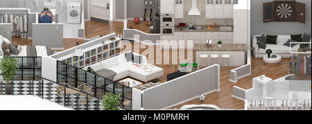 Floor plan of a house view 3D illustration. Open concept living apartment layout Stock Photo