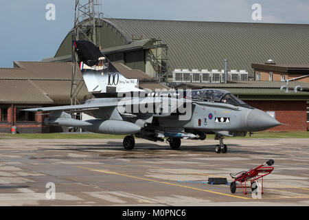 The Tornado GR4A operated by 2 Squadron at RAF Marham marked for their 100th anniversary taxiing in during a visit to RAF Coningsby. Stock Photo