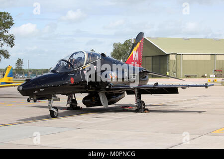 4 Squadron Hawk T2 on static display at RAF Coningsby. Aircraft shows a specially marked tail to commemorate the units 100th anniversary. Stock Photo
