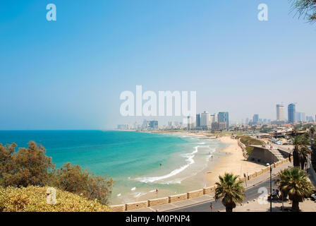 TEL AVIV, ISRAEL - AUGUST 18, 2010: Panorama picture of beautiful Gordon beach in a sunny day of Tel Aviv Israel Stock Photo