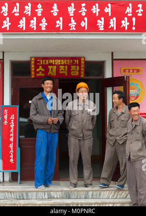 North Korean workers having a break in their steel factory, South Pyongan Province, Nampo, North Korea Stock Photo