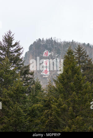 Propaganda billboard in the former secret camp of the Korean resistance against japanese in mount Paektu, Ryanggang Province, Samjiyon, North Korea Stock Photo