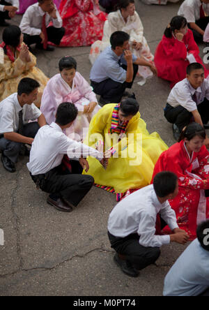 North Korean students before a mass dance performance on september 9 day of the foundation of the republic, Pyongan Province, Pyongyang, North Korea Stock Photo