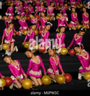 North Korean children performing with balloons during the Arirang mass games in may day stadium, Pyongan Province, Pyongyang, North Korea Stock Photo