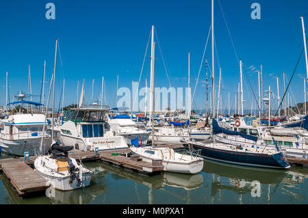 MOSS LANDING, CALIFORNIA - SEPTEMBER 9, 2015 - Boats docked in the Moss Landing Harbor. Moss Landing is located on the shore of Monterey Bay Stock Photo