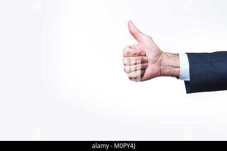 Business man's hand givin thumbs up on white background Stock Photo