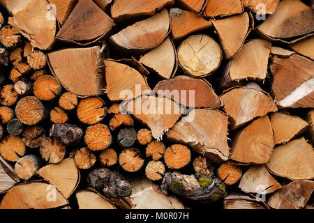 Tightly stacked woodpiles are a frequent sight in parts or Germany. Stock Photo