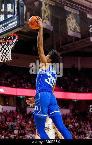 Winston-Salem, NC, USA. 23rd Jan, 2018. Duke Blue Devils forward Marvin Bagley III (35) dunks in the ACC Basketball matchup at LJVM Coliseum in Winston-Salem, NC. (Scott Kinser/Cal Sport Media) Credit: csm/Alamy Live News Stock Photo