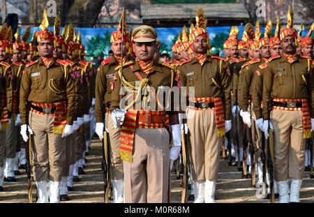 Srinagar, Kashmir. 24th Jan, 2018. Indian policemen take part in the rehearsal for the upcoming Indian Republic Day parade in Srinagar, Kashmirn administered Kashmir. Full dress rehearsal of the parade was held at the Sher''“e''“Kashmir stadium today. Security was extra ordinarily tight in the city to thwart possible strikes by anti- India rebels on the occasion of India's 69th Republic Day. Credit: Saqib Majeed/SOPA/ZUMA Wire/Alamy Live News Stock Photo
